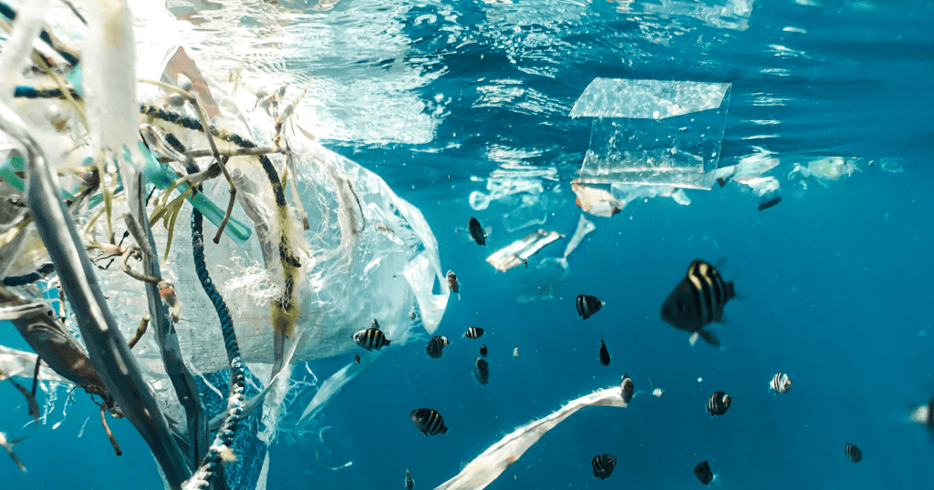 Ocean with floating plastic waste